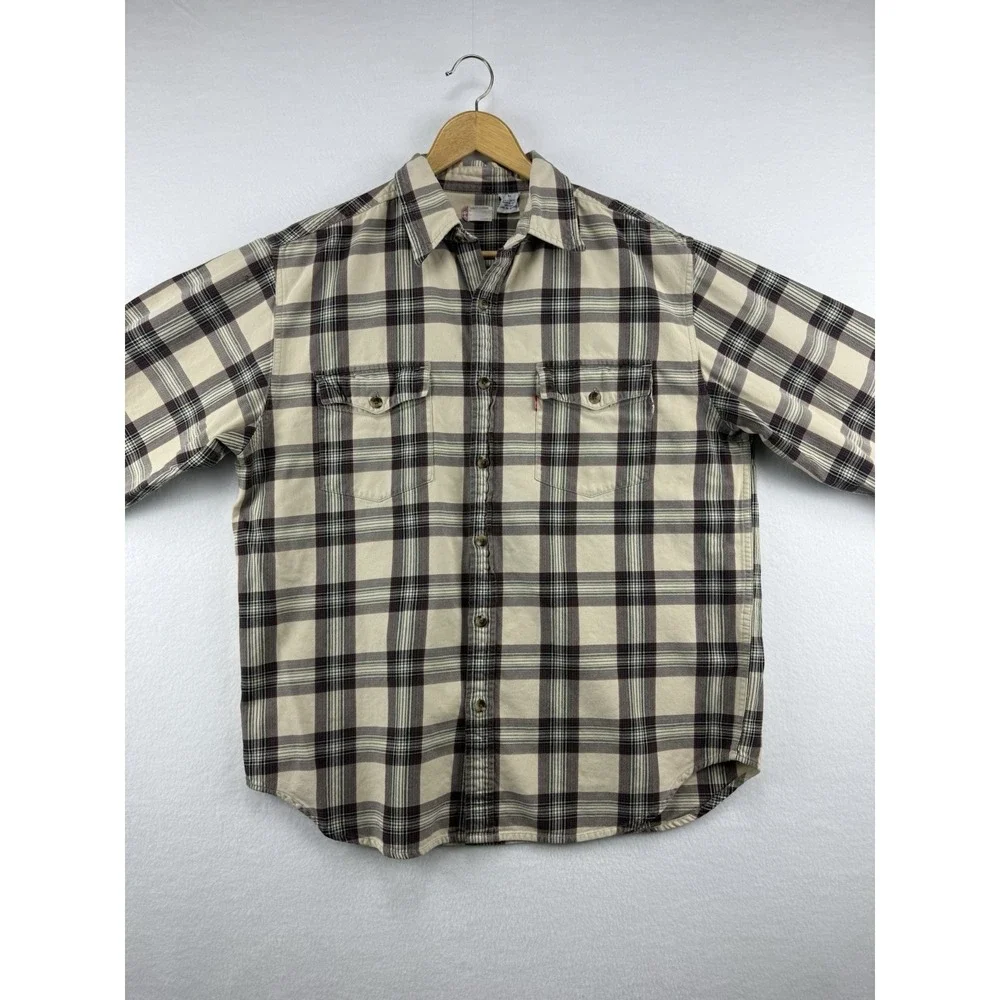 Levis Mens Large Plaid Long Sleeve Button Down Cotton Shirt Pockets‎ Western